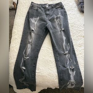 Gray Graphic Print Ripped Jeans